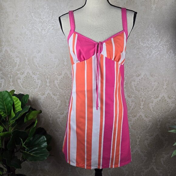 Size Medium Reversible Summer Dress Pink White Orange Stripes/Pink White Floral - Picture 1 of 16